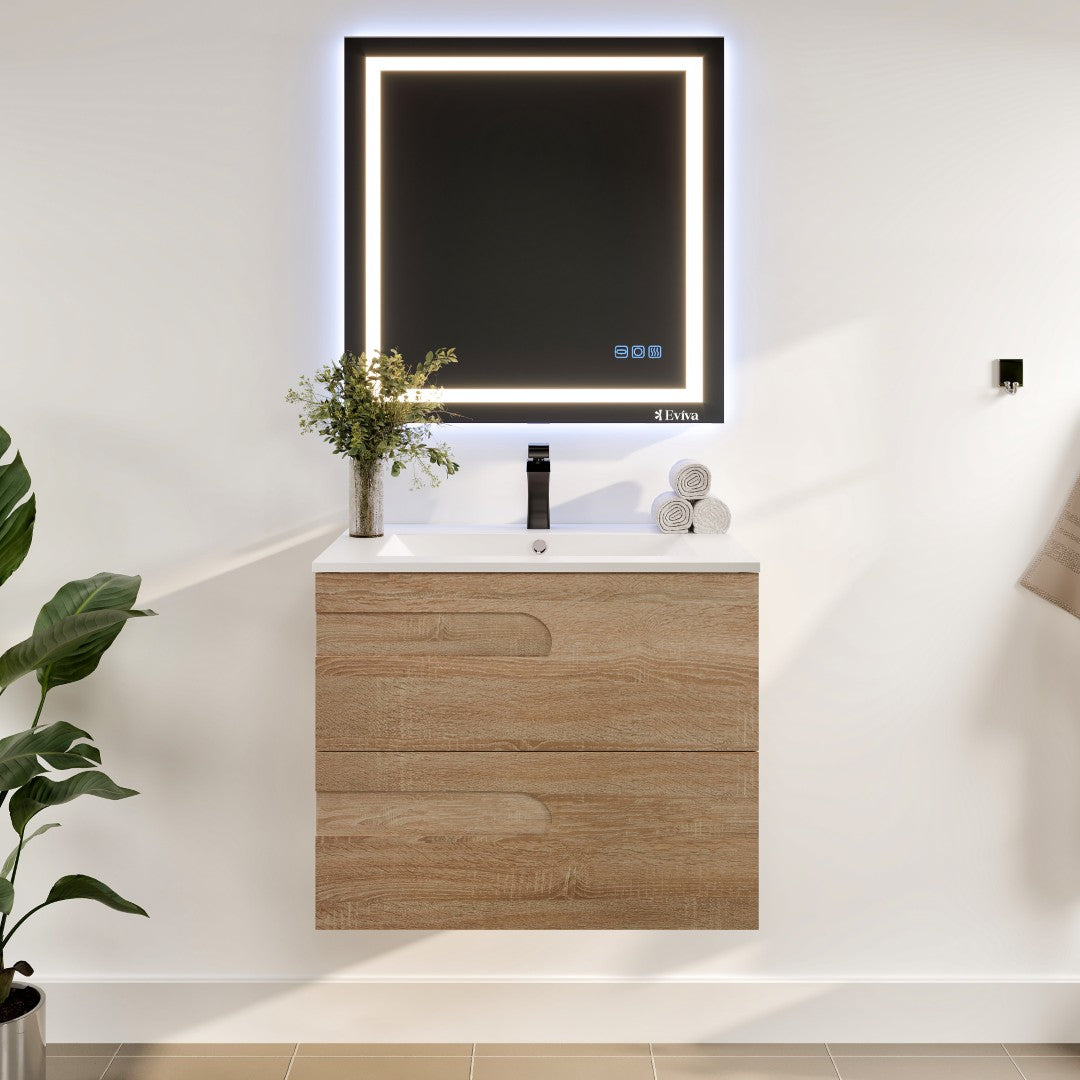 Joy 32 in. Maple Wall Mount Single Sink Bath Vanity with Porcelain Top and Integrated Sink