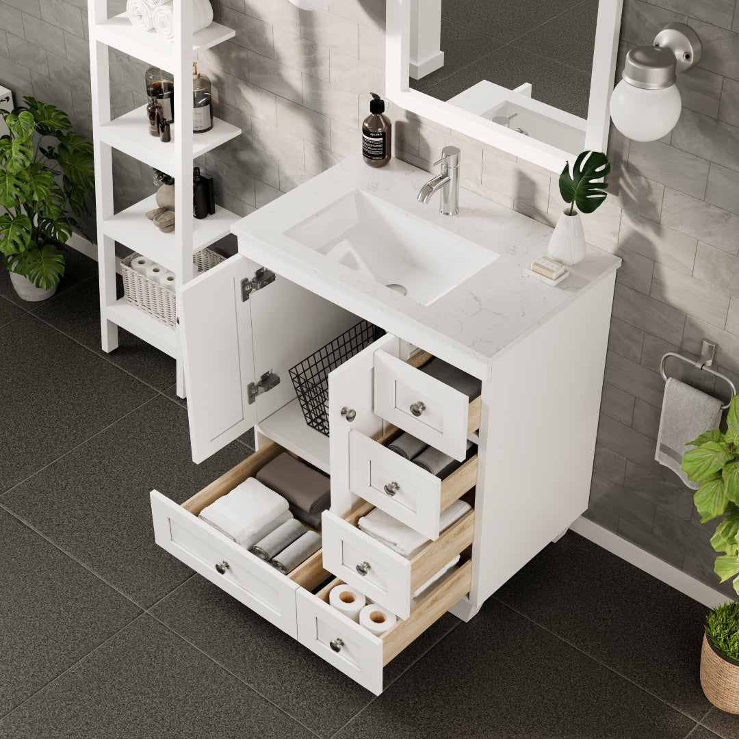 Happy 28 in. White Single Sink Bath Vanity with Carrara Quartz Top and Undermount Porcelain Sink