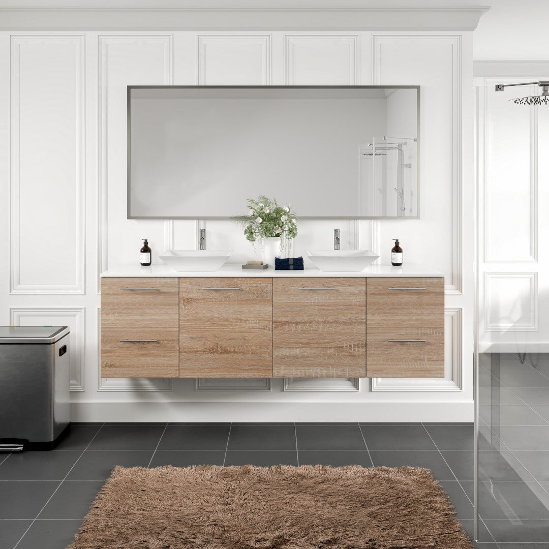 Luxy 72 in. White Oak Wall Mount Double Sink  Bath Vanity with White Quartz Top and Vessel Porcelain Sinks