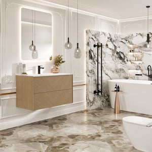 Lotus 30 in. Natural Oak Wall Mount Single Sink Bath Vanity with Solid Surface Top and Integrated Sink