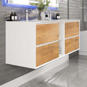 Vienna 60 in. Oak Wall Mount Double Sink  Bath Vanity with Acrylic Top and Integrated Sinks