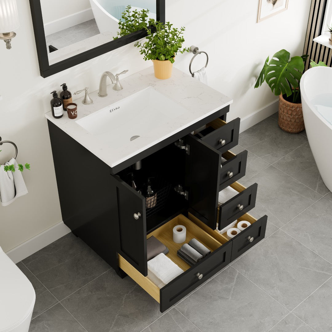 Acclaim 30 in. Espresso Single Sink Bath Vanity with Carrara Quartz Top and Undermount Porcelain Sink