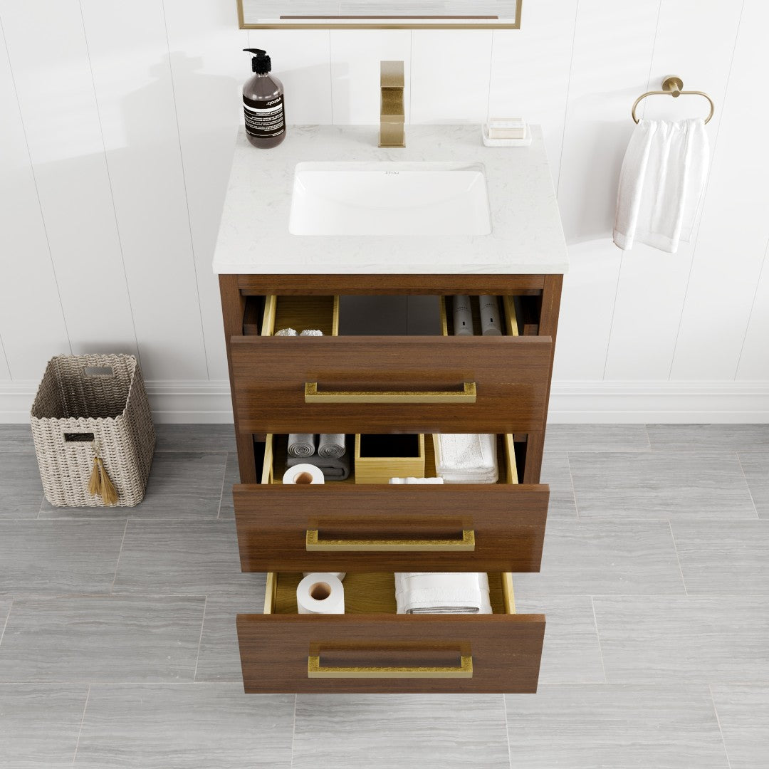 Curio 24 in. Walnut Single Sink Bath Vanity with Carrara Quartz Top and Undermount Porcelain Sink