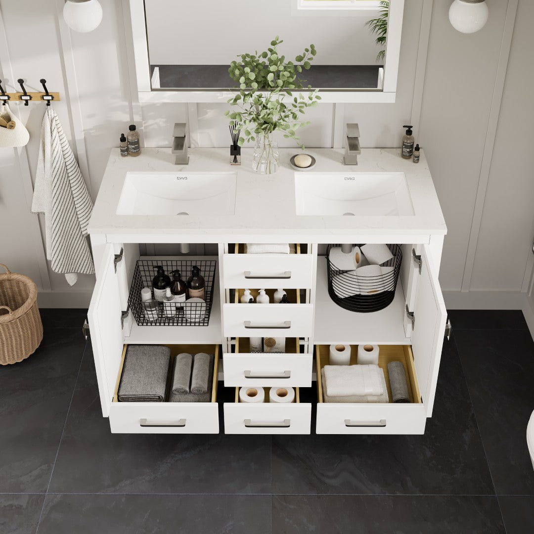 London 54 in. White Double Sink  Bath Vanity with Carrara Quartz Top and Undermount Porcelain Sinks