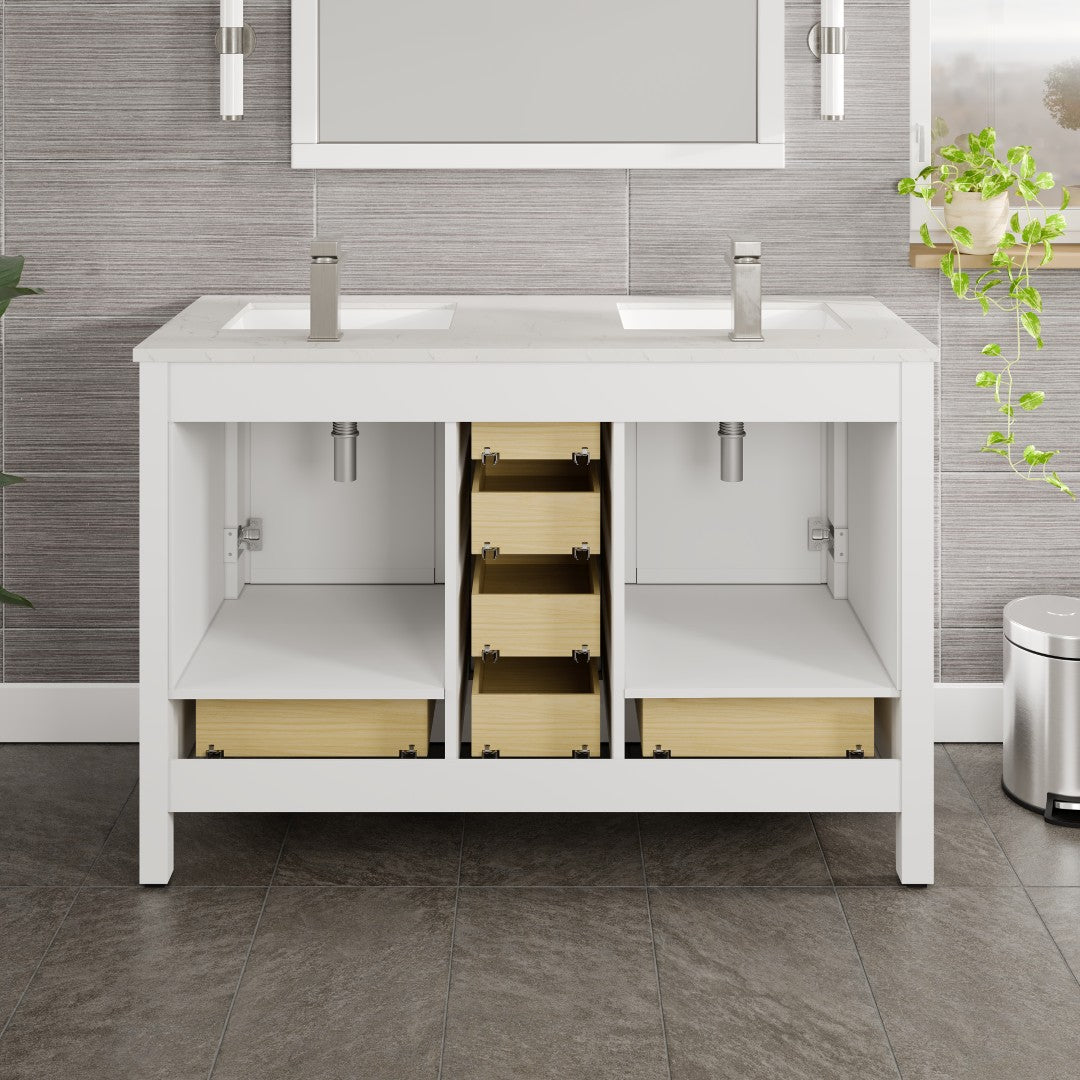 London 48 in. White Double Sink  Bath Vanity with Carrara Quartz Top and Undermount Porcelain Sinks