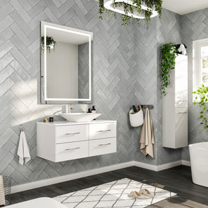 Wave 36 in. White Wall Mount Single Sink Bath Vanity with White Quartz Top and Vessel Porcelain Sink