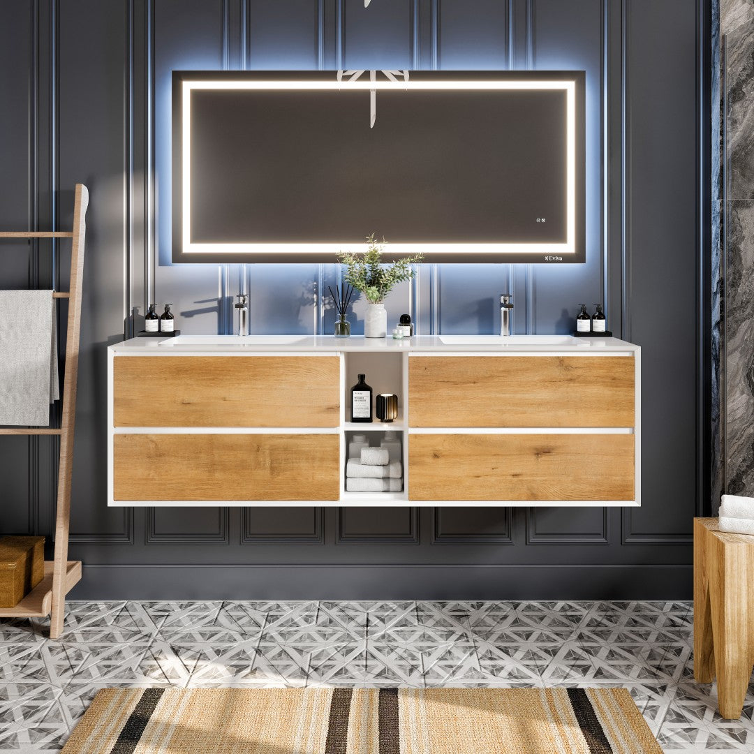 Vienna 75 in. Oak Wall Mount Double Sink  Bath Vanity with Acrylic Top and Integrated Sinks