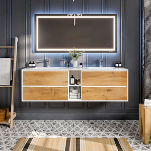 Vienna 75 in. Oak Wall Mount Double Sink  Bath Vanity with Acrylic Top and Integrated Sinks