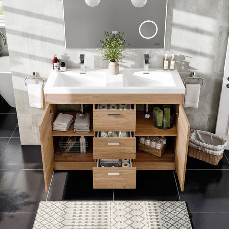 Lugano 48 in. Natural Oak Double Sink  Bath Vanity with Acrylic Top and Integrated Sinks