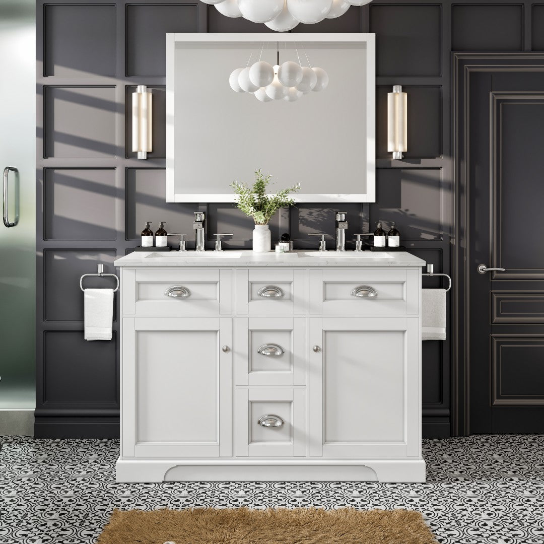 Epic 48 in. White Double Sink  Bath Vanity with Carrara Quartz Top and Undermount Porcelain Sinks