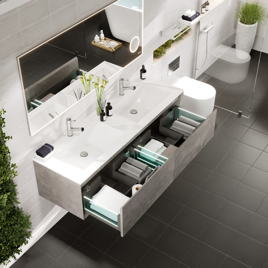 Aurora 60 in. Concrete Gray Wall Mount Double Sink  Bath Vanity with Carrara Quartz Top and Undermount Porcelain Sinks