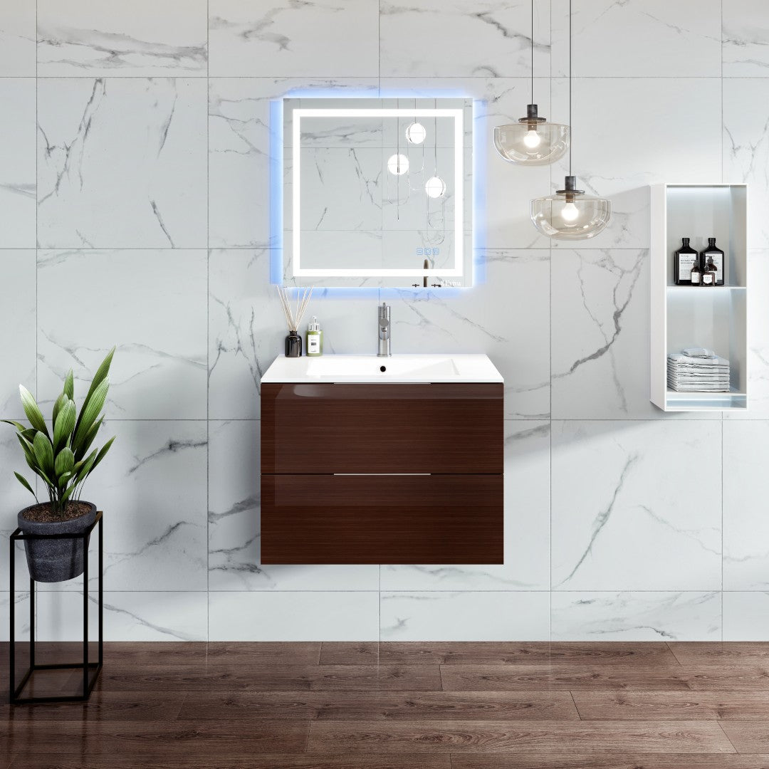 Galsaky 28 in. Wenge Wall Mount Single Sink Bath Vanity with Porcelain Top and Integrated Sink
