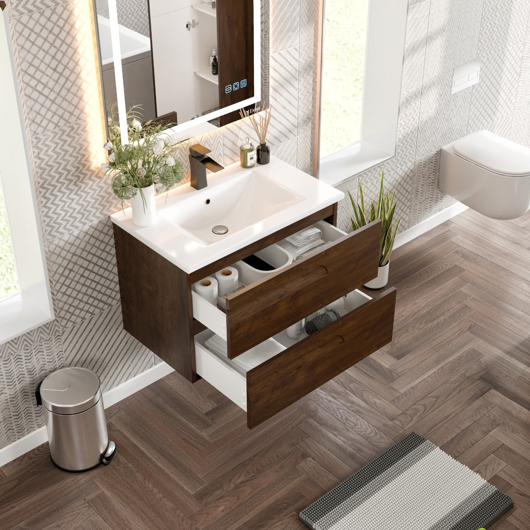 Joy 32 in. Rosewood Wall Mount Single Sink Bath Vanity with Porcelain Top and Integrated Sink