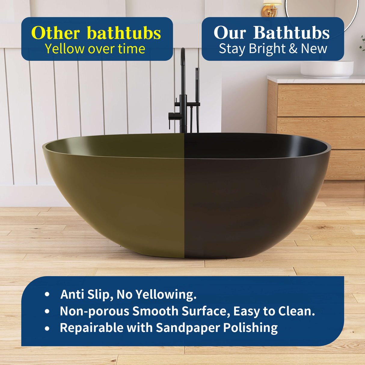 New England Home Goods Kilimanjaro 59" Freestanding Tub in Black - Stone Resin Solid Surface