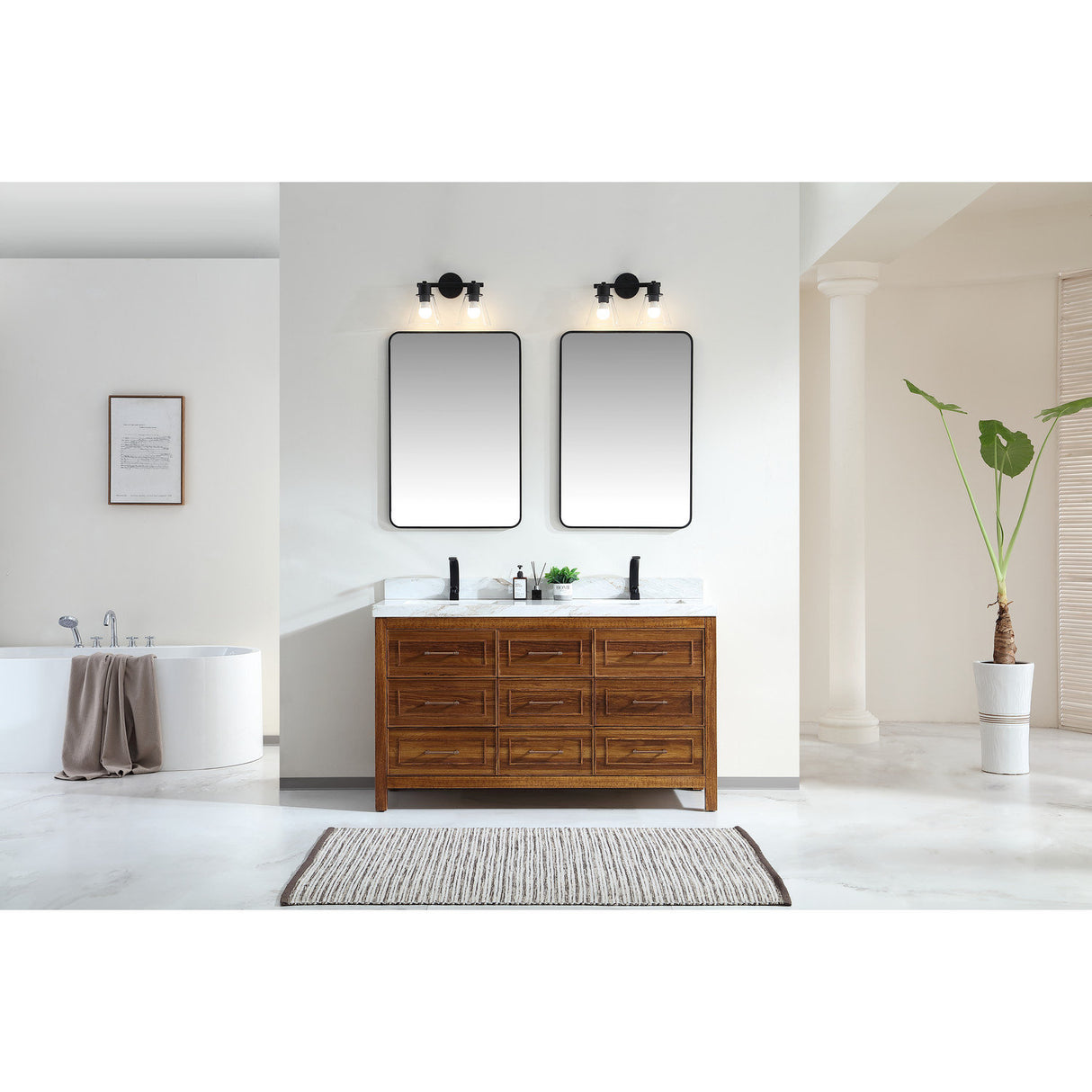 Legion Furniture 60" EBONY DOUBLE SINK VANITY LIGHT FINISH WITH WK-60D TOP 2" THICK WHITE NATURAL TOP WK2428-60D-EW WITH WHITE NATURAL TOP