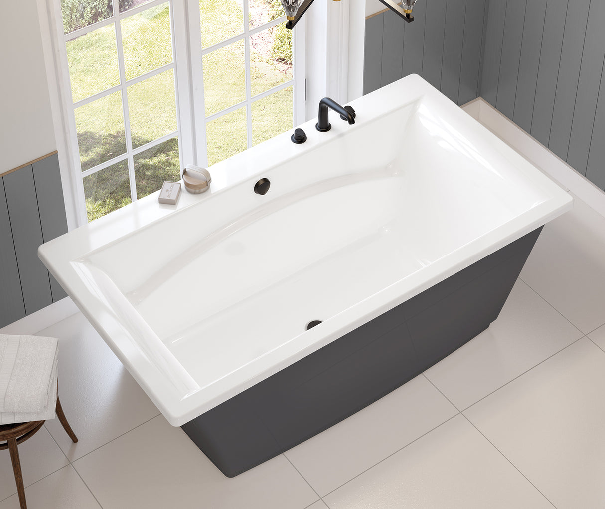 MAAX 105742-055-001-107 Optik 6636 F Acrylic Freestanding Center Drain Aerofeel Bathtub in White with Thunder Grey Skirt