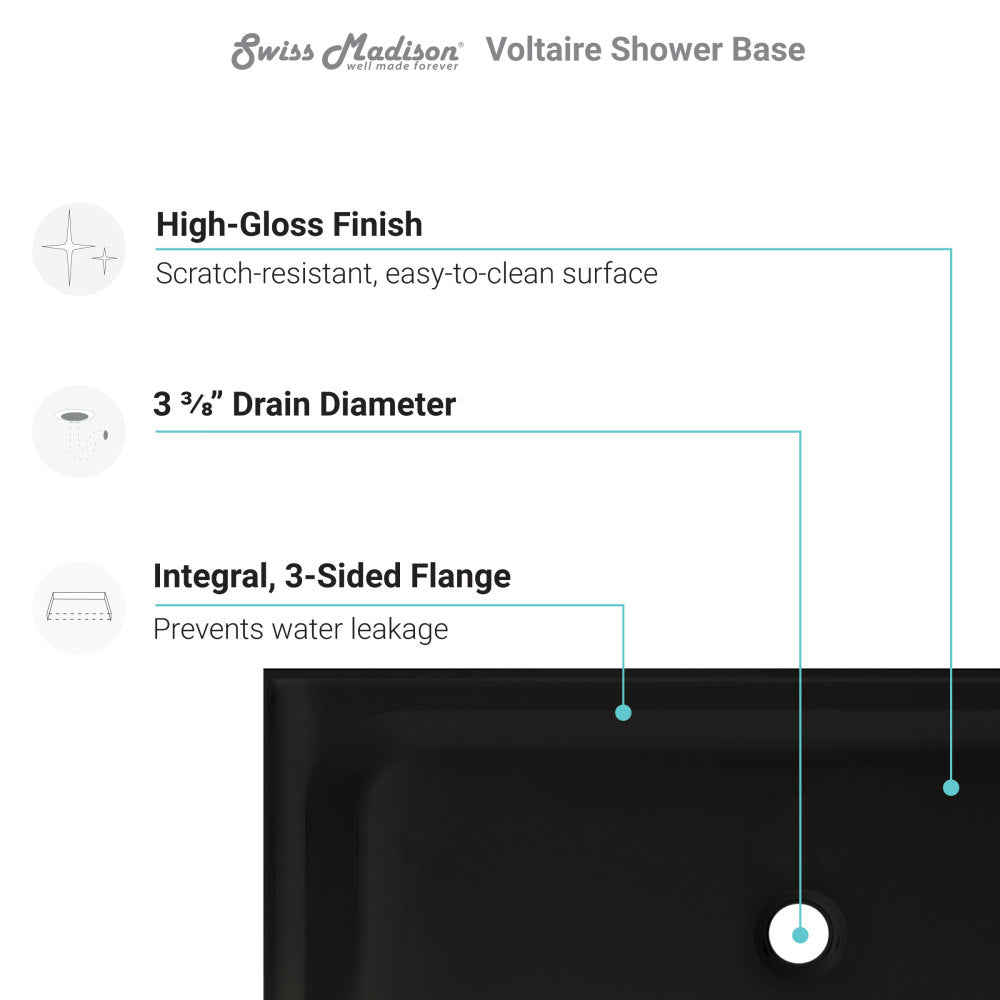 Voltaire 60 x 30 Acrylic Black, Single-Threshold, Center Drain, Shower Base