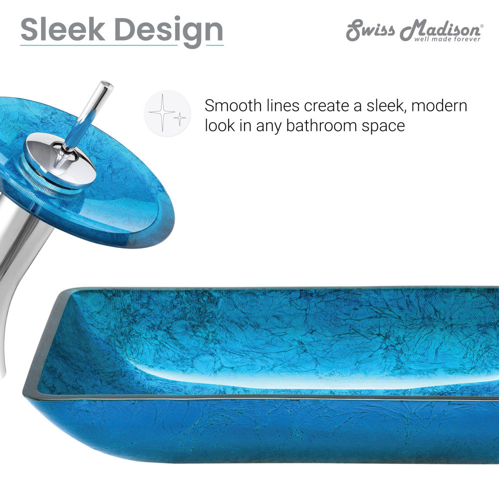 Cascade Rectangular Glass Vessel Sink with Faucet, Ocean Blue