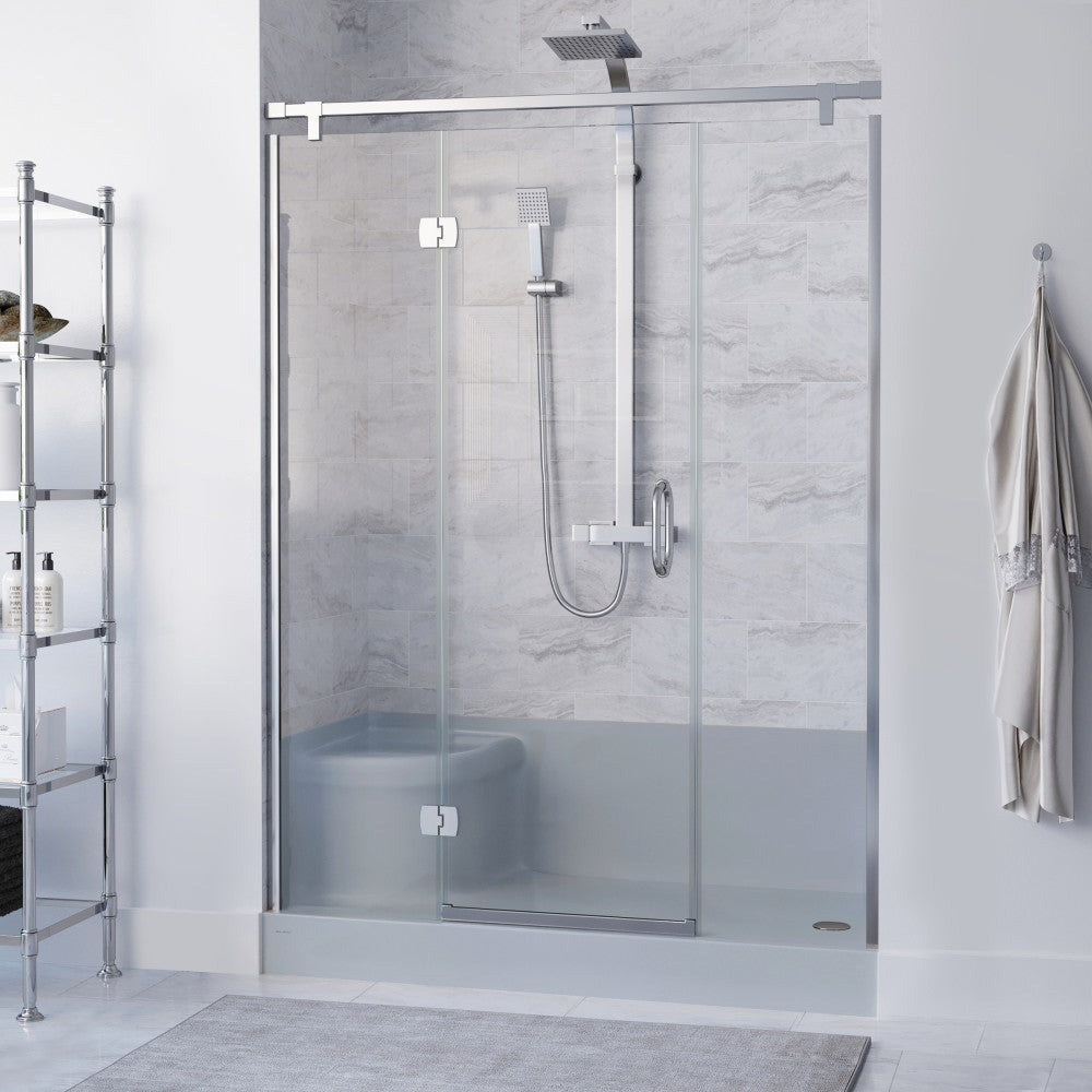 Aquatique 60 X 32 Single Threshold Shower Base With Right Hand Drain and Integral Left Hand Seat in Grey