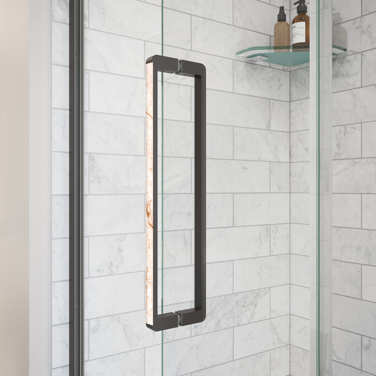 MAAX 135326-900-283-000 Uptown 57-59 x 76 in. 8 mm Pivot Shower Door for Alcove Installation with Clear glass in Dark Bronze & Beige Marble