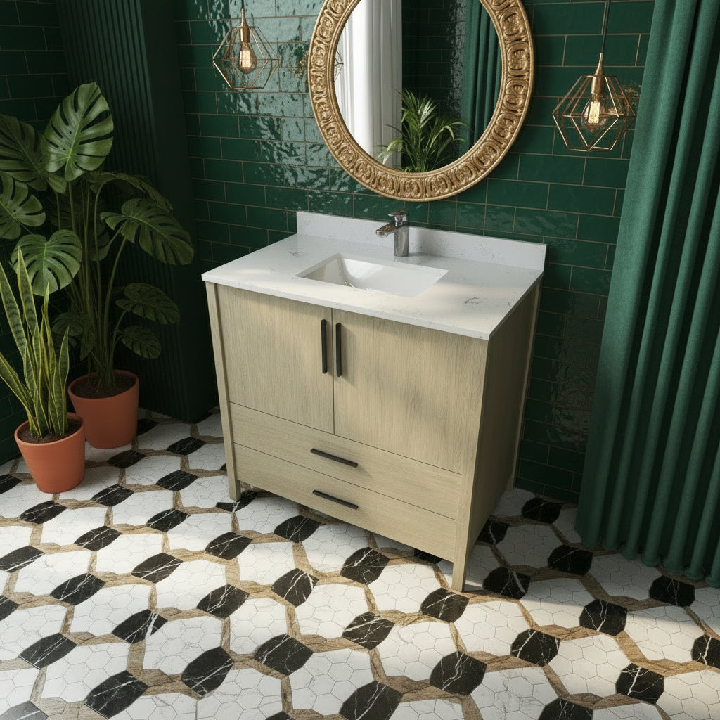 New England Home Goods Hilton 36" Single Sink Vanity in White - Engineered Wood; Stone Top