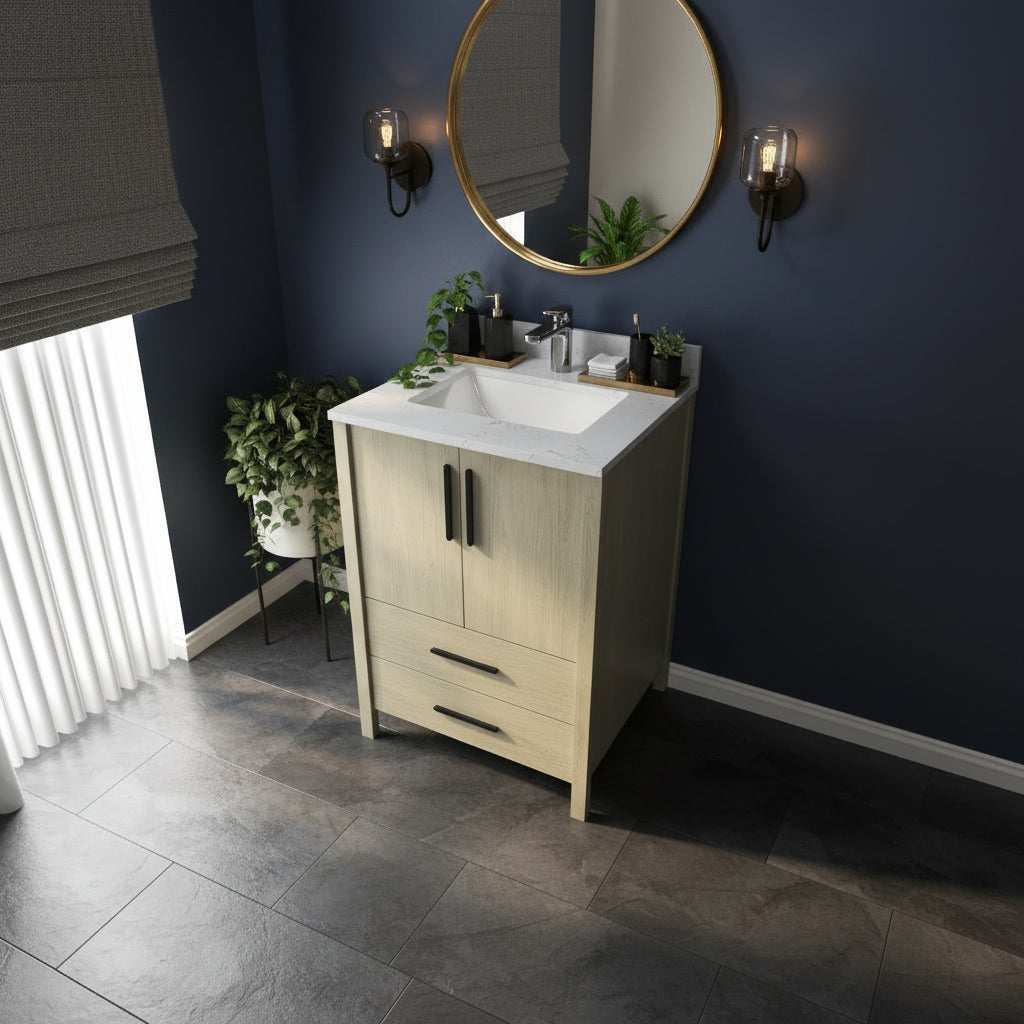 New England Home Goods Haleakala 24" Single Sink Vanity in White - Engineered Wood; Stone Top