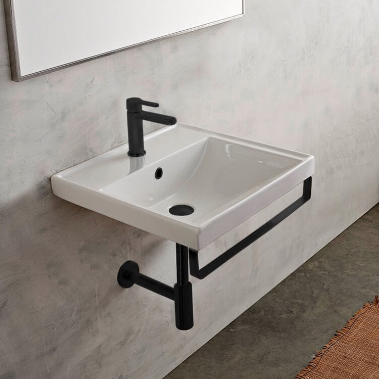 Square Wall Mounted Ceramic Sink With Matte Black Towel Bar