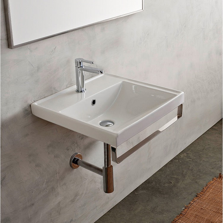 Square Wall Mounted Ceramic Sink With Polished Chrome Towel Bar