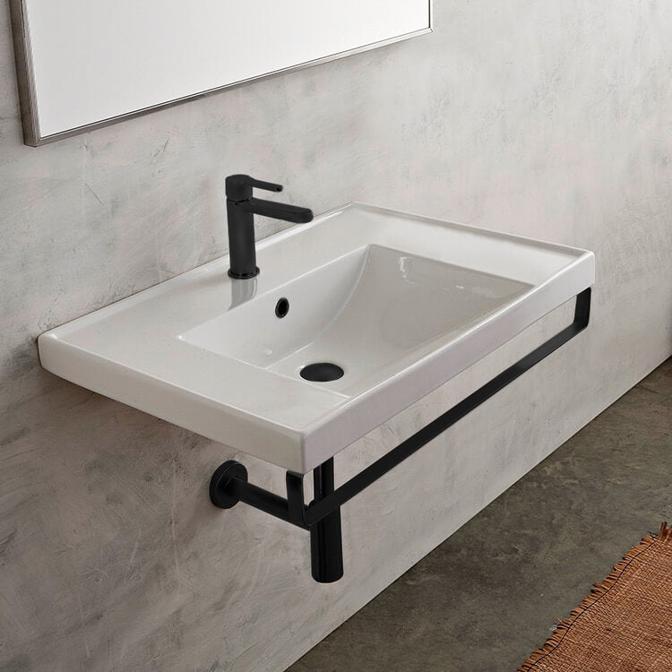 Rectangular Wall Mounted Ceramic Sink With Matte Black Towel Bar