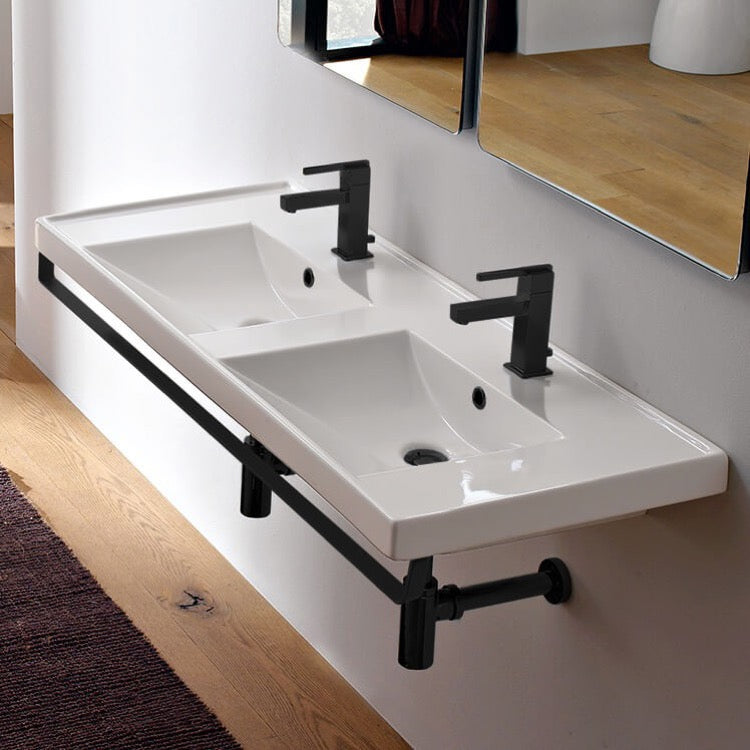 Double Basin Wall Mounted Ceramic Sink With Matte Black Towel Bar