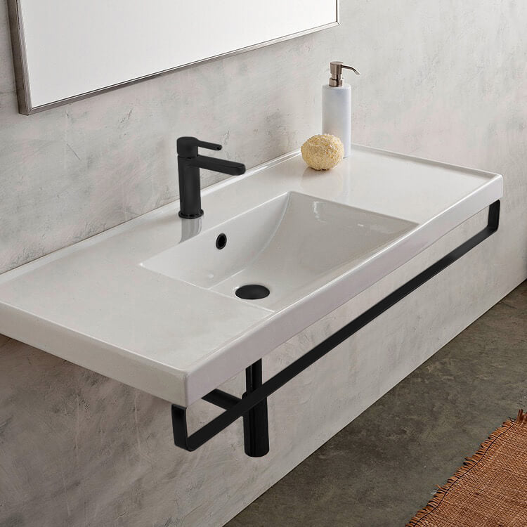 Rectangular Wall Mounted Ceramic Sink With Matte Black Towel Bar