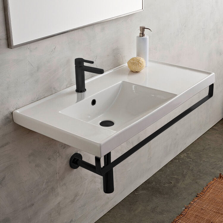 Rectangular Wall Mounted Ceramic Sink With Matte Black Towel Bar