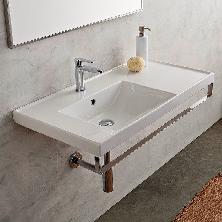 Rectangular Wall Mounted Ceramic Sink With Polished Chrome Towel Bar