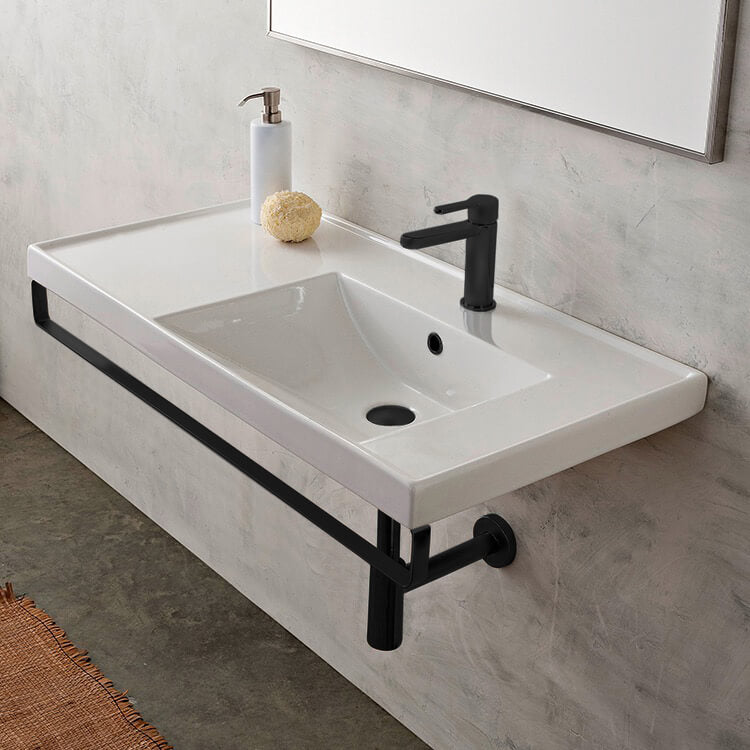 Rectangular Wall Mounted Ceramic Sink With Matte Black Towel Bar