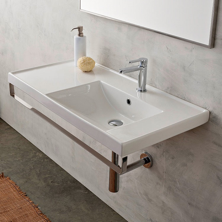 Rectangular Wall Mounted Ceramic Sink With Polished Chrome Towel Bar