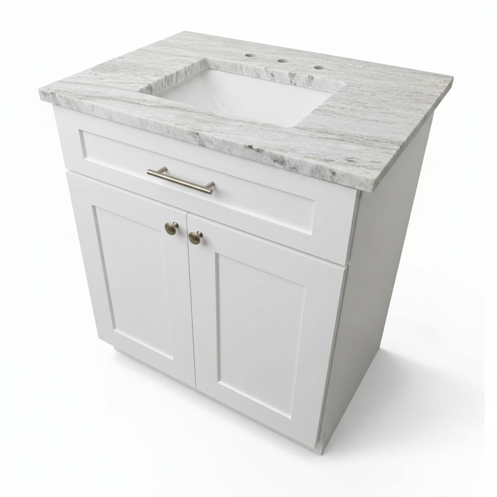 32" Cab-Tec Shaker White Vanity with Fantasy Brown Leathered Natural Stone Top