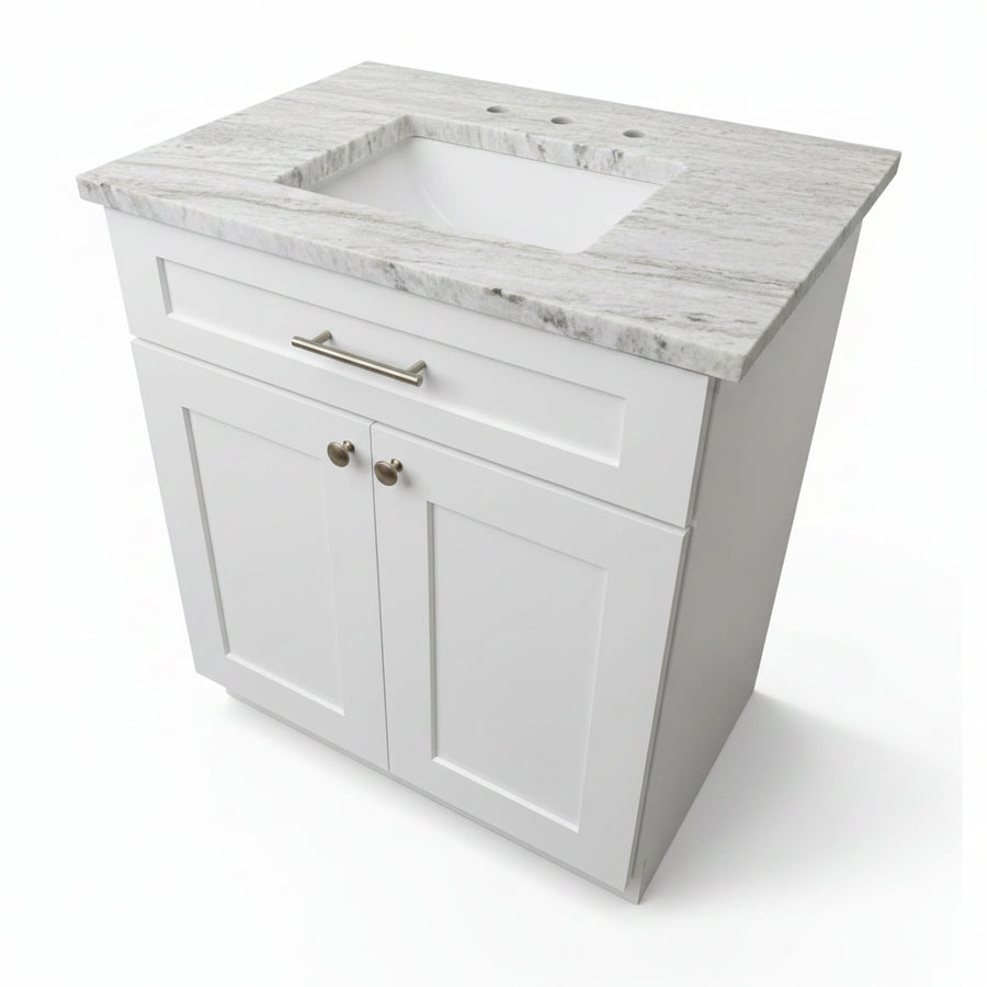 32" Cab-Tec Shaker White Vanity with Fantasy Brown Leathered Natural Stone Top