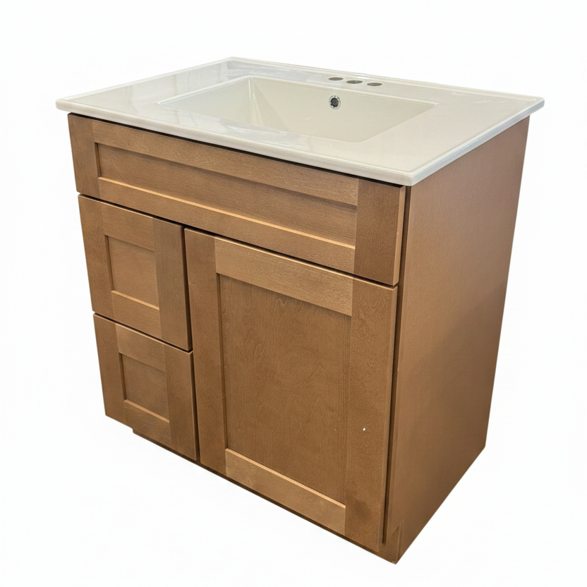 30" Shaker Caramel Vanity with Solid Wood Cabinet, Dovetail Drawers & Premium Vanity Top
