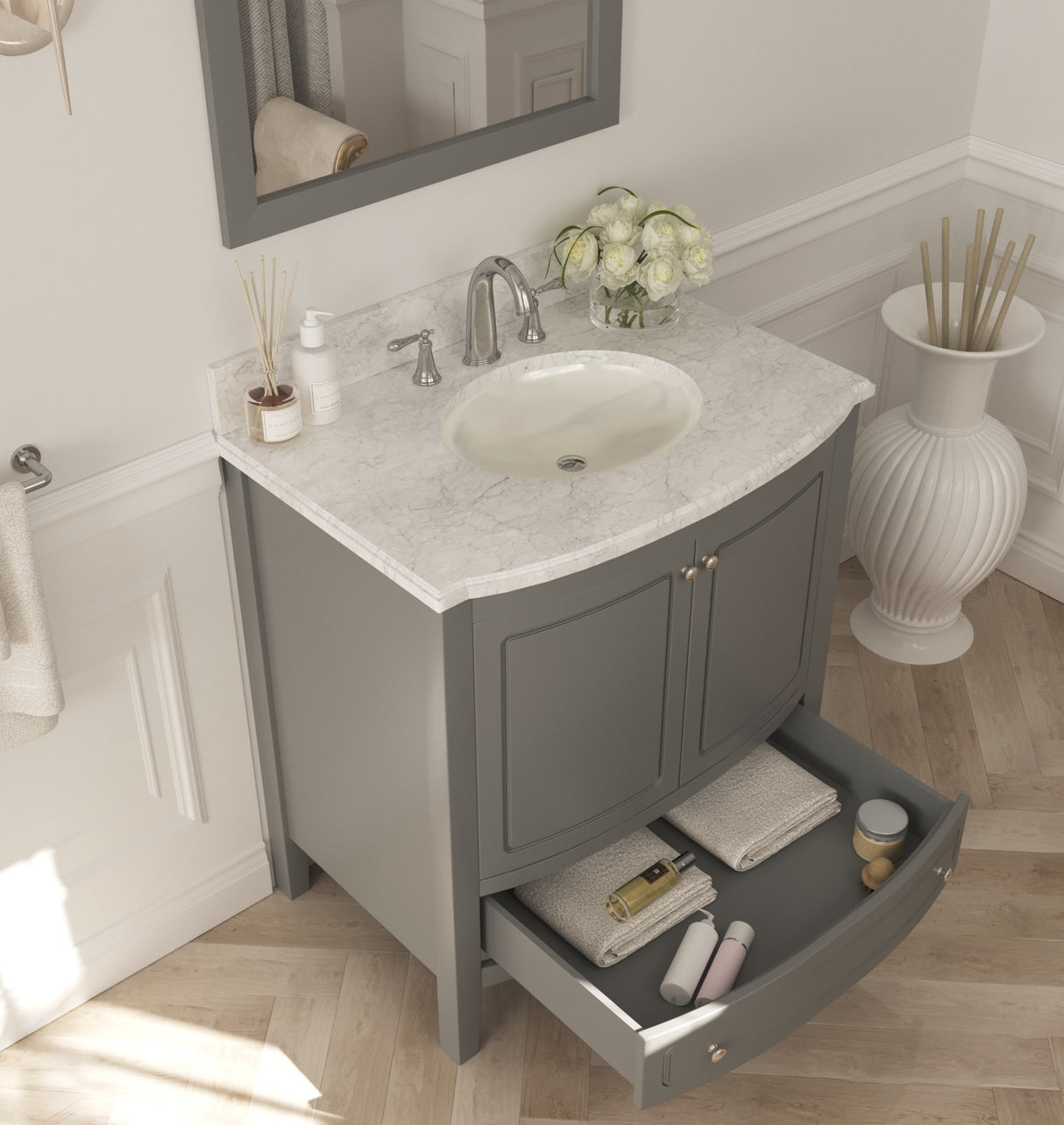 Estella 32" Grey Bathroom Vanity with White Carrara Marble Countertop Laviva 3130709-32G-WC