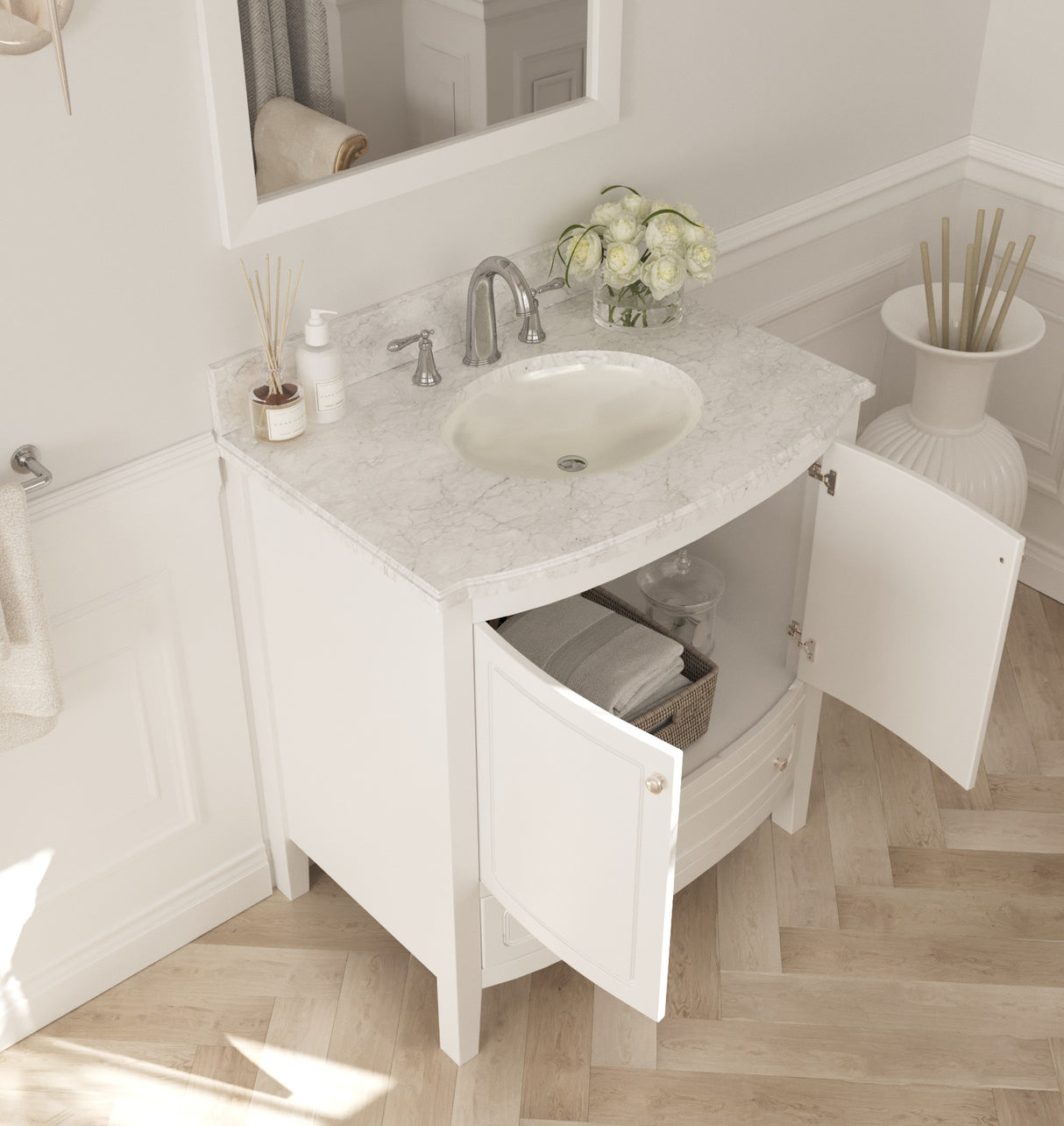 Estella 32" White Bathroom Vanity with White Carrara Marble Countertop Laviva 3130709-32W-WC