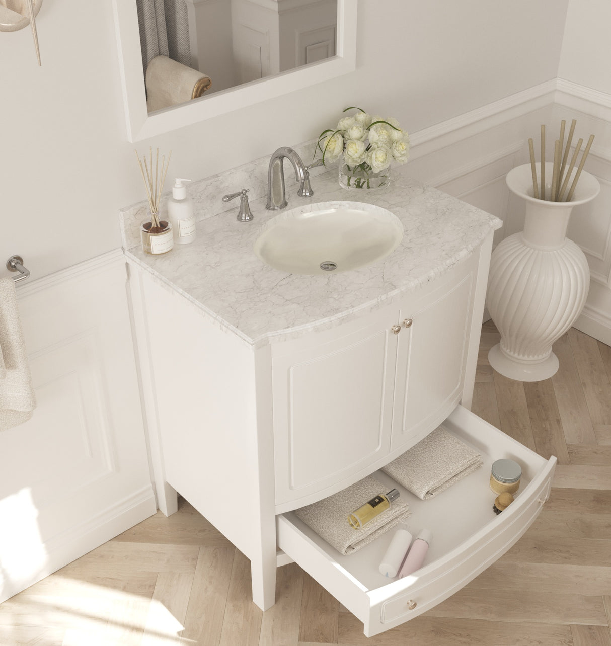 Estella 32" White Bathroom Vanity with White Carrara Marble Countertop Laviva 3130709-32W-WC