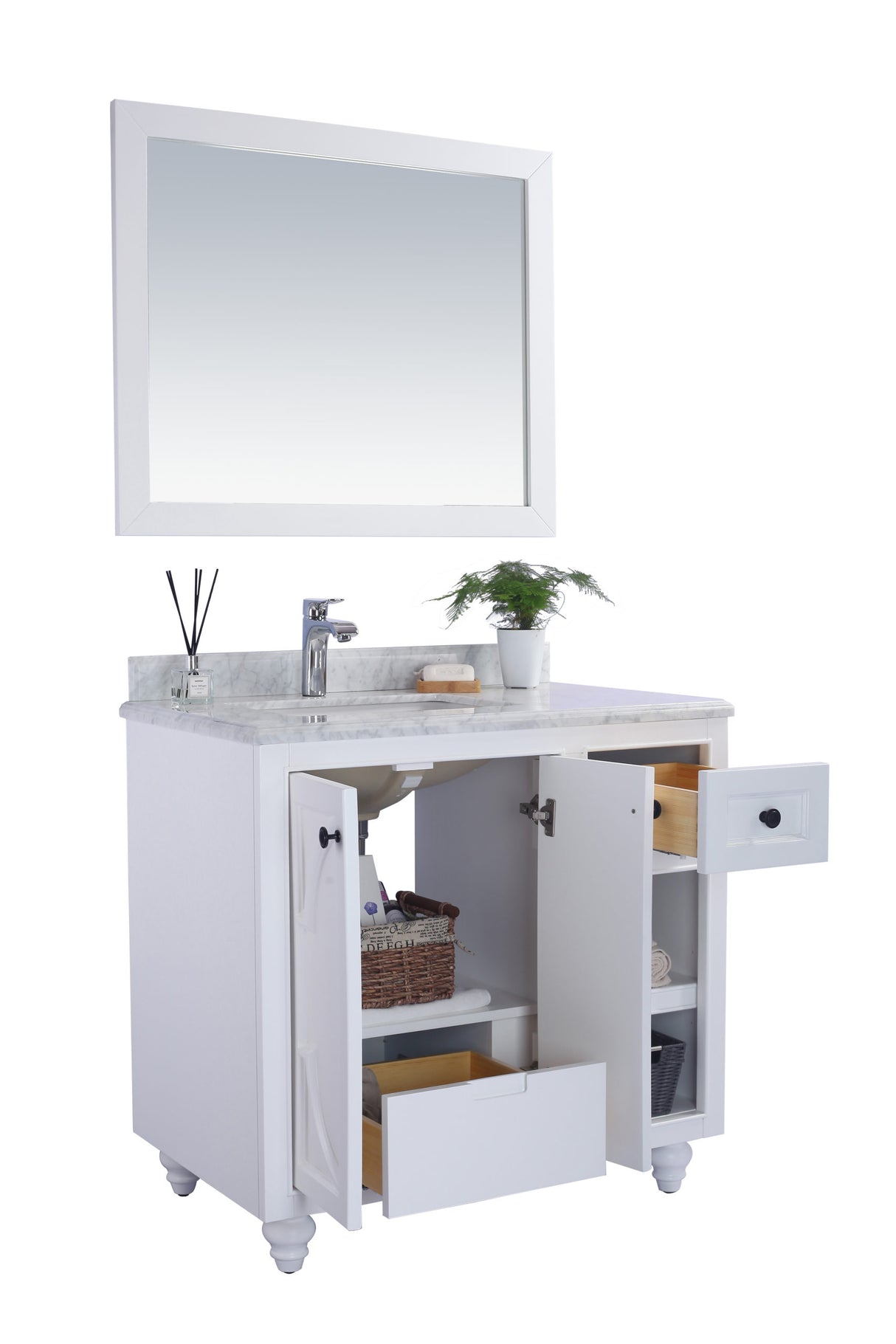 Odyssey 36" White Bathroom Vanity with Matte White VIVA Stone Solid Surface Countertop Laviva 313613-36W-MW