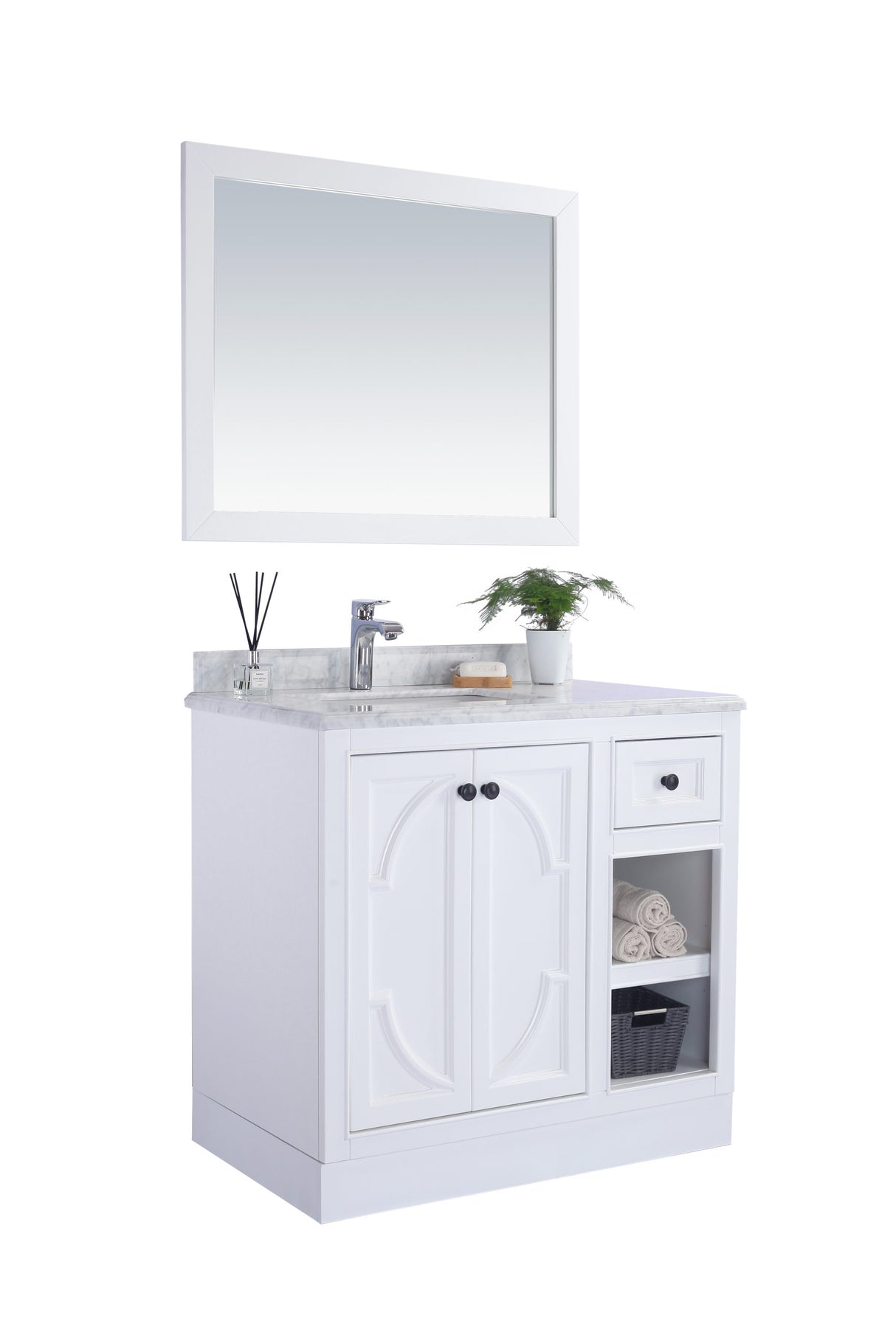 Odyssey 36" White Bathroom Vanity with White Stripes Marble Countertop Laviva 313613-36W-WS