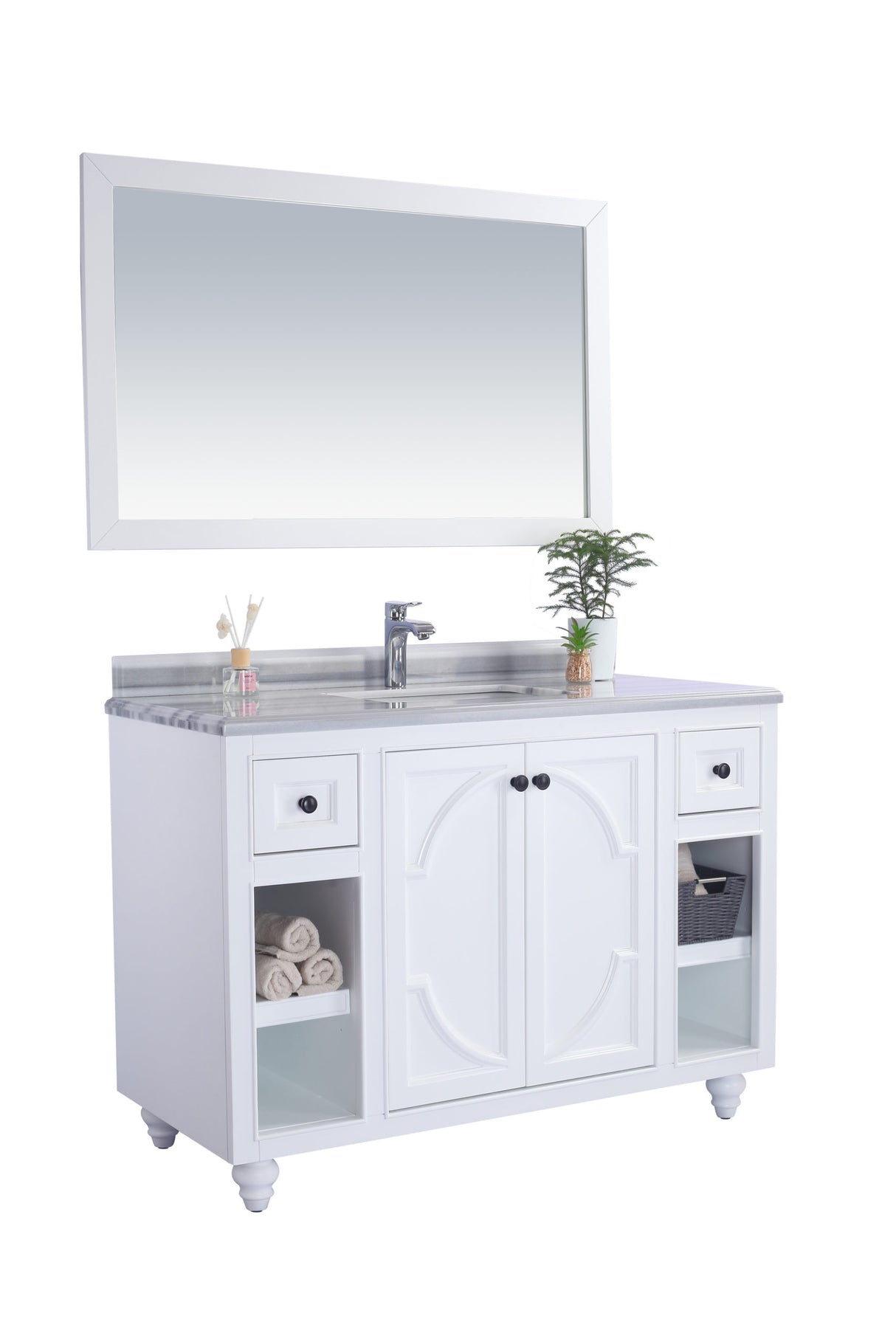 Odyssey 48" White Bathroom Vanity with White Stripes Marble Countertop Laviva 313613-48W-WS