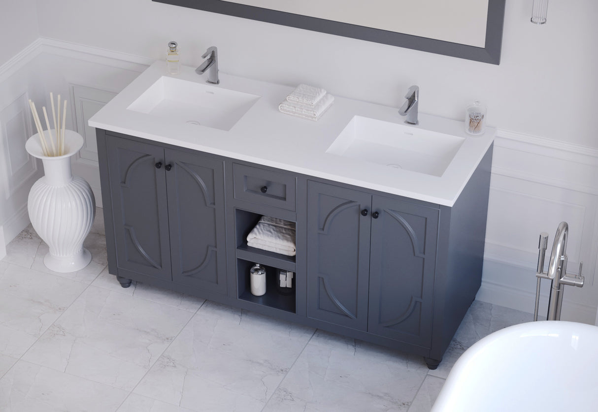 Odyssey 60" Maple Grey Double Sink Bathroom Vanity with Matte White VIVA Stone Solid Surface Countertop Laviva 313613-60G-MW