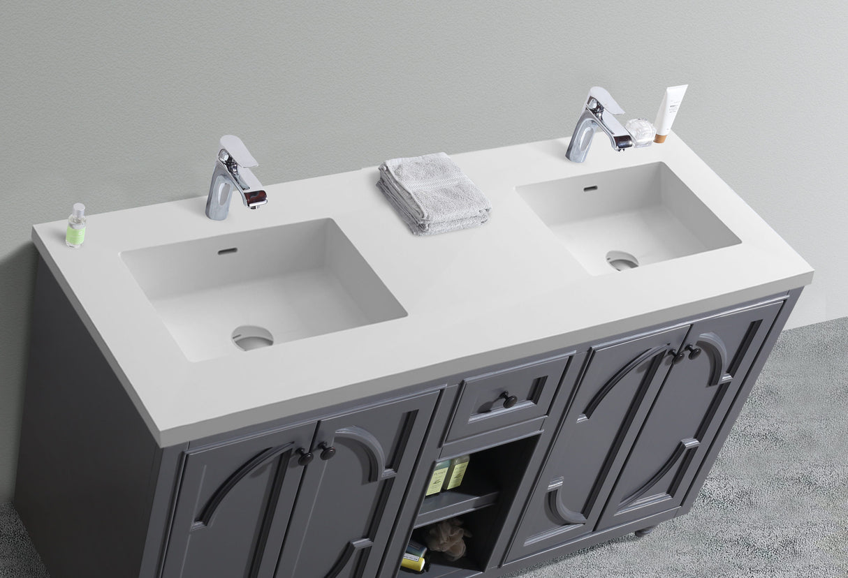 Odyssey 60" Maple Grey Double Sink Bathroom Vanity with Matte White VIVA Stone Solid Surface Countertop Laviva 313613-60G-MW