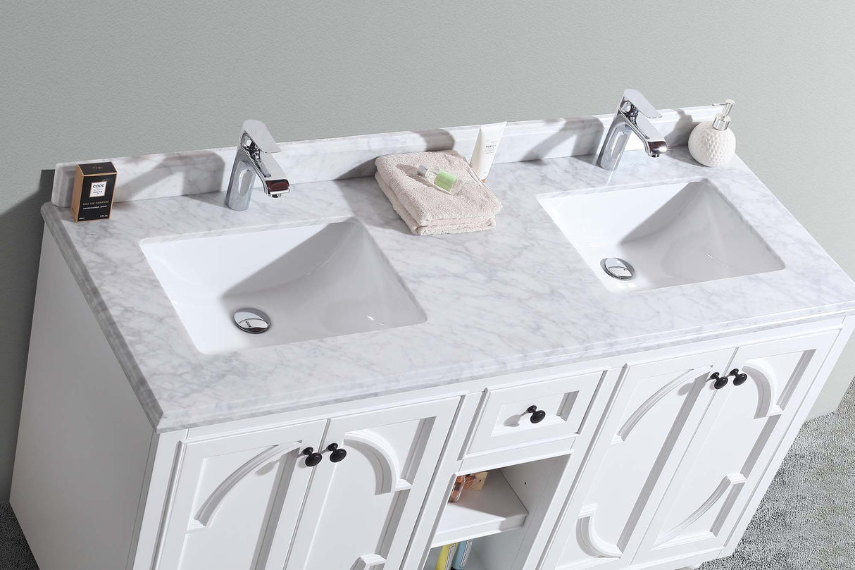 Odyssey 60" White Double Sink Bathroom Vanity with White Carrara Marble Countertop Laviva 313613-60W-WC