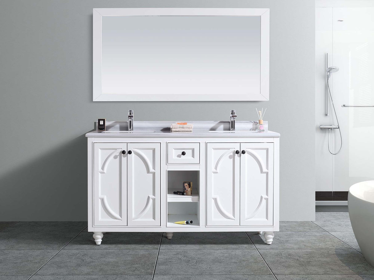 Odyssey 60" White Double Sink Bathroom Vanity with White Stripes Marble Countertop Laviva 313613-60W-WS