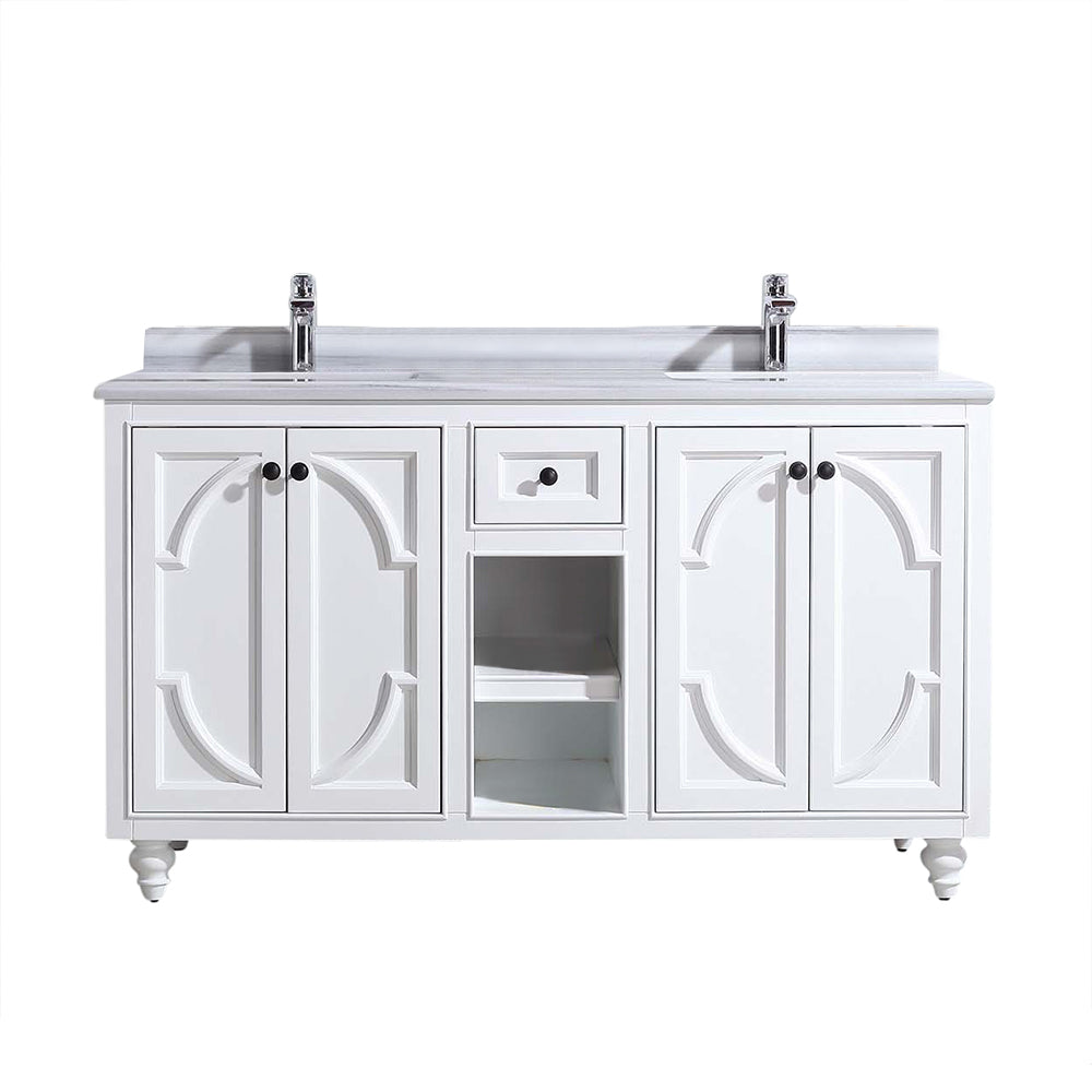 Odyssey 60" White Double Sink Bathroom Vanity with White Stripes Marble Countertop Laviva 313613-60W-WS