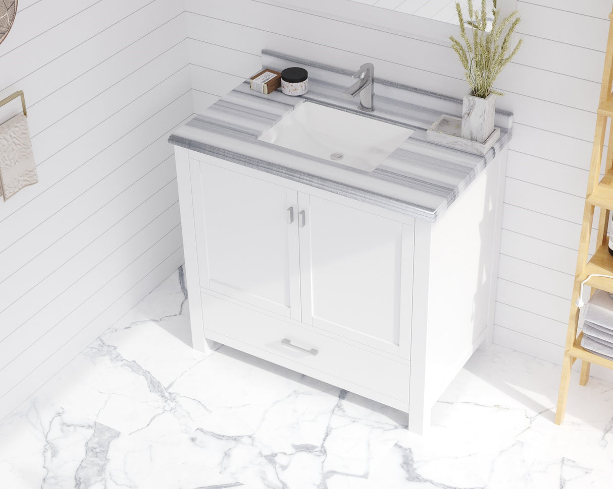 Wilson 36" White Bathroom Vanity with White Stripes Marble Countertop Laviva 313ANG-36W-WS